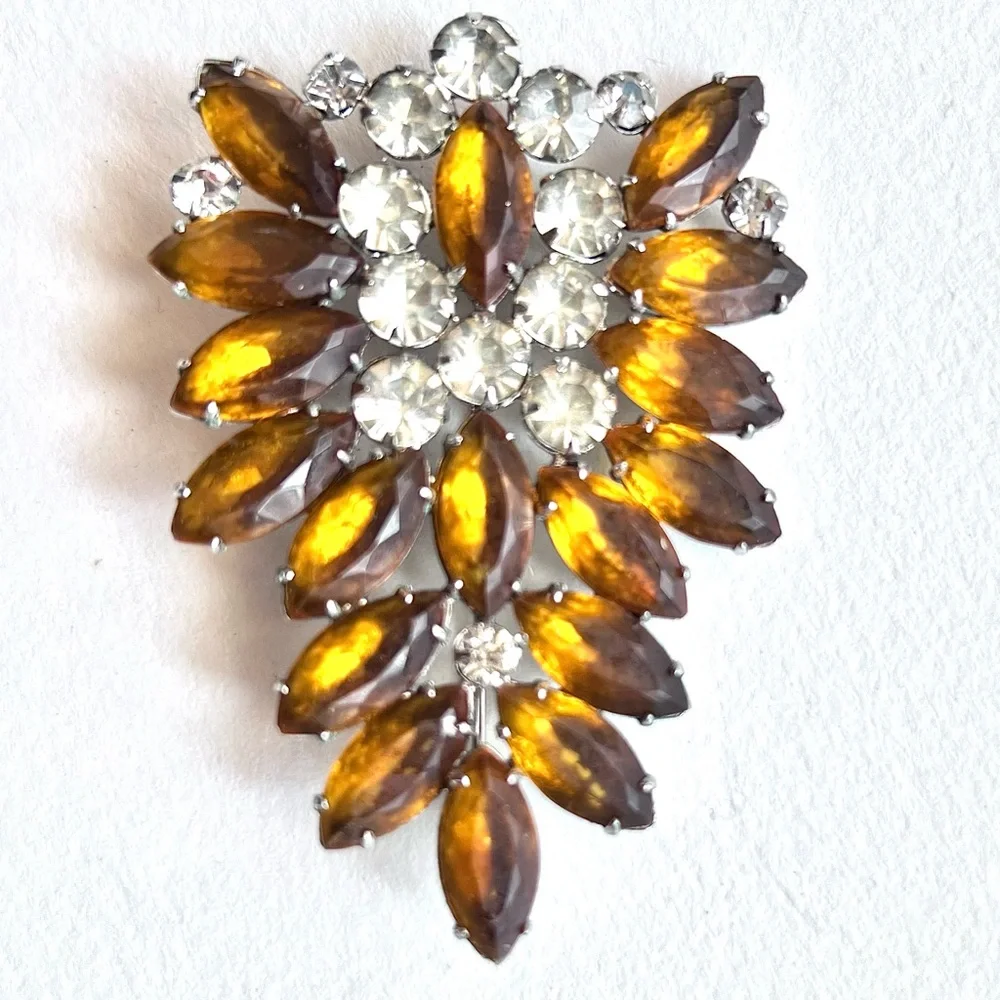 Vintage Brooch Large Rhinestone Pin Amber Gold 1950 1960